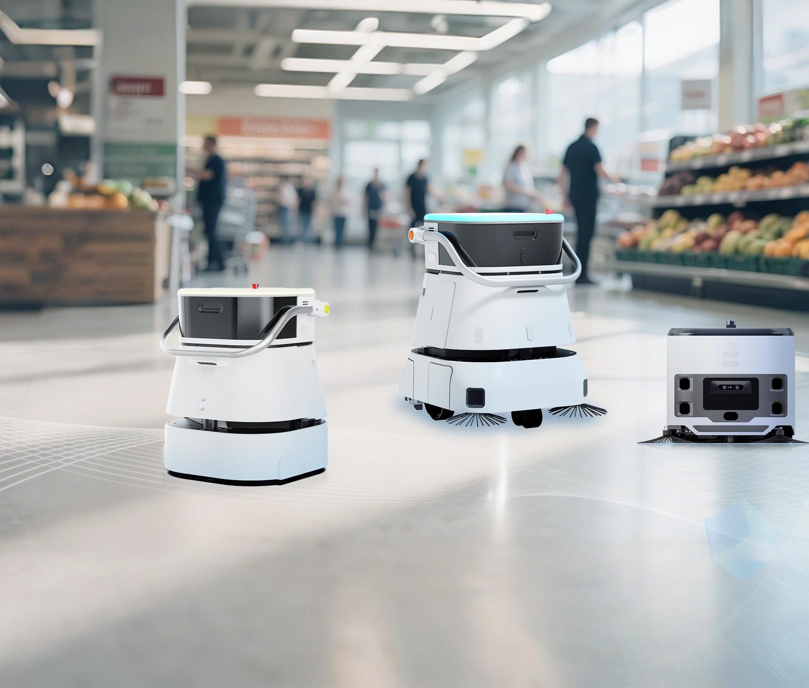 Commercial cleaning robots working in a facility